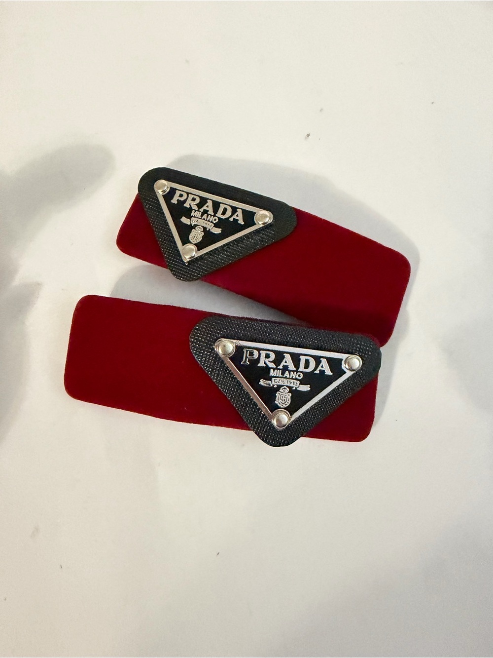 Prada Red Velvet Logo Hair Clips - Set of 2